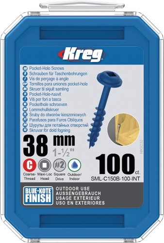 Wkręty Kreg Blue-Kote 38 mm do połączeń w drewnie, przeznaczone do zastosowań wewnętrznych i zewnętrznych