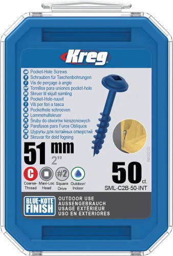 Wkręty Kreg Blue-Kote 51 mm do połączeń w drewnie, przeznaczone do projektów wewnętrznych i zewnętrznych